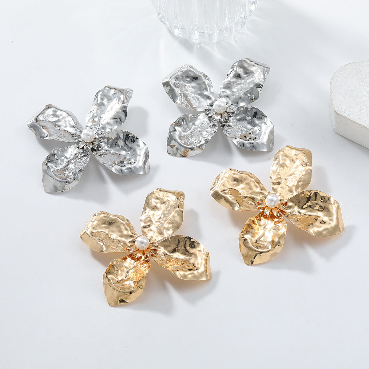 Silver Rhinestone Flower Earrings