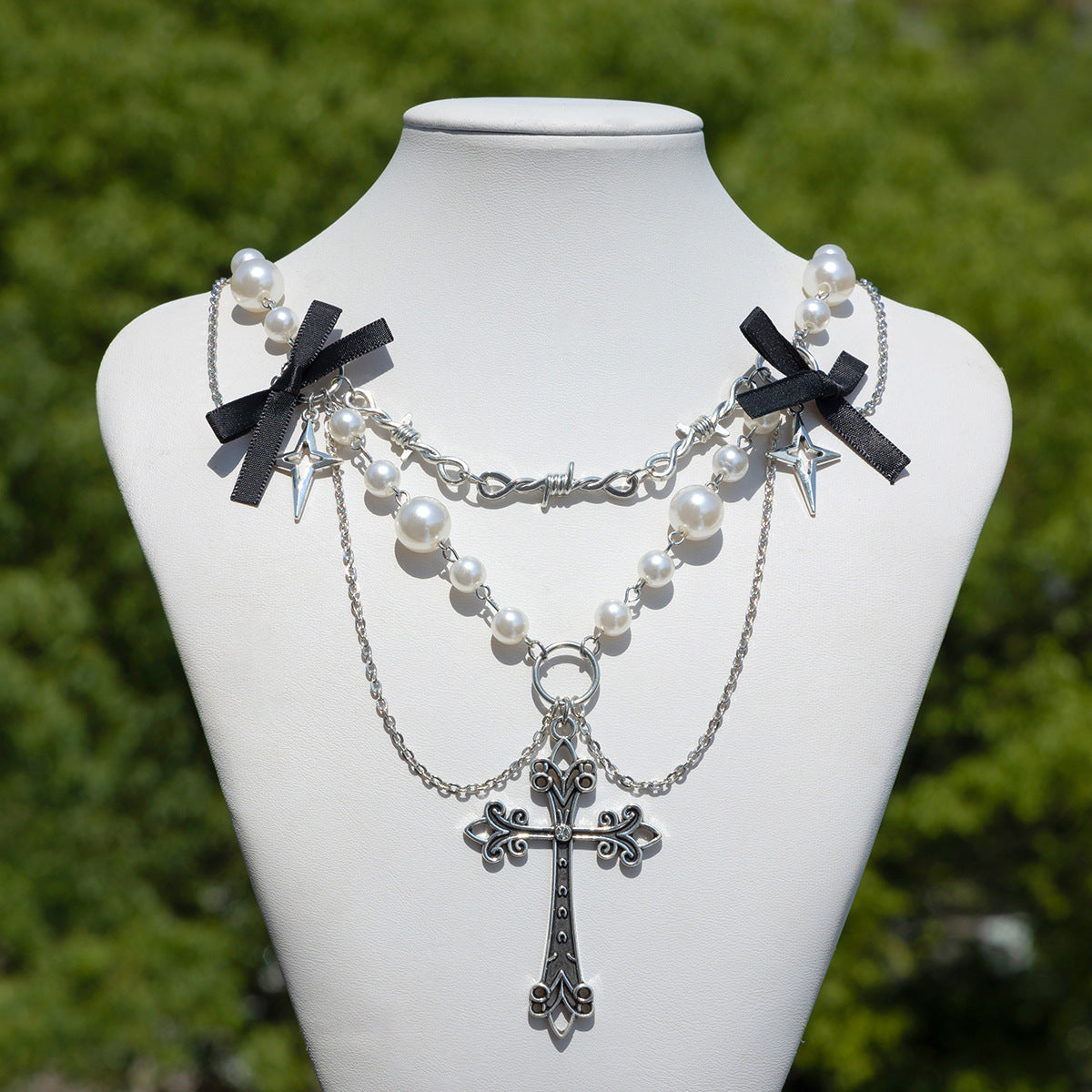 Elegant Silver Pearl Cross Necklace