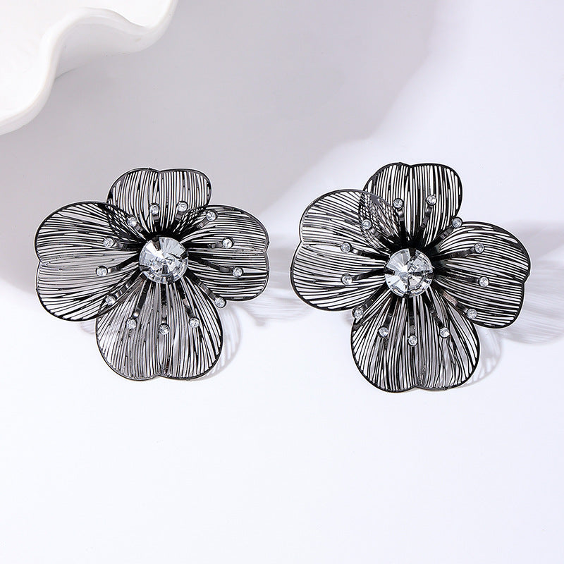 Black Crystal Flower Stud Earrings