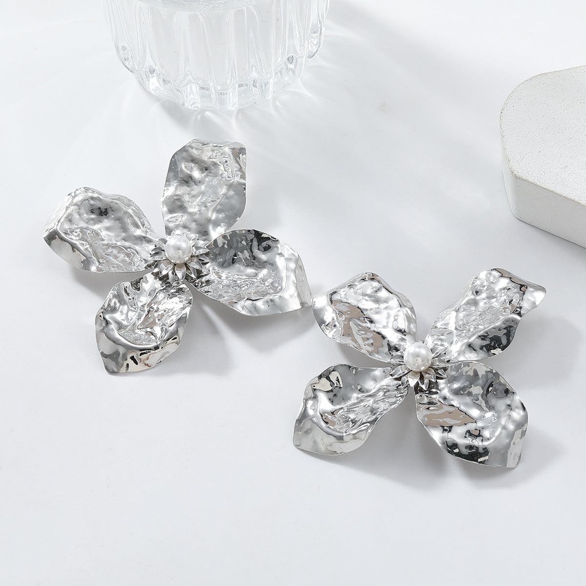 Silver Rhinestone Flower Earrings