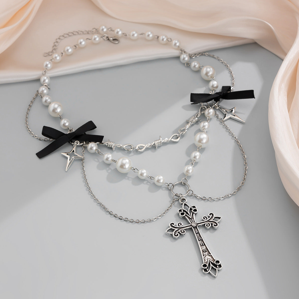 Elegant Silver Pearl Cross Necklace