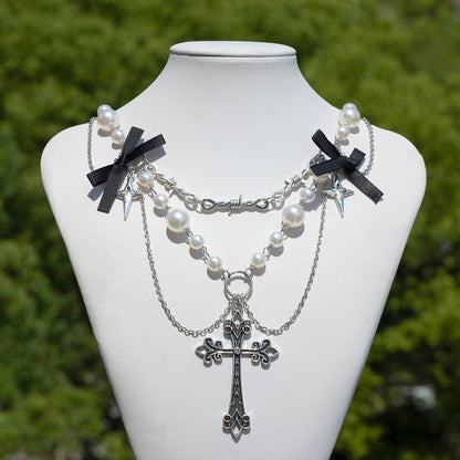 Elegant Silver Pearl Cross Necklace