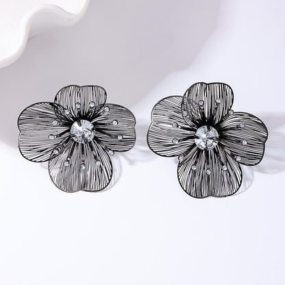 Black Crystal Flower Stud Earrings